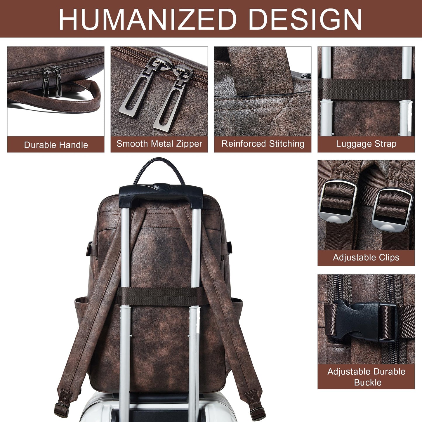 Tiamyi Travel Backpack for Women, Fits 17.0" Notebook, Stylish Lay-Flat Carry-on Vegan Leather Backpack with Luggage Strap for Travel and Daily Use, Coffee