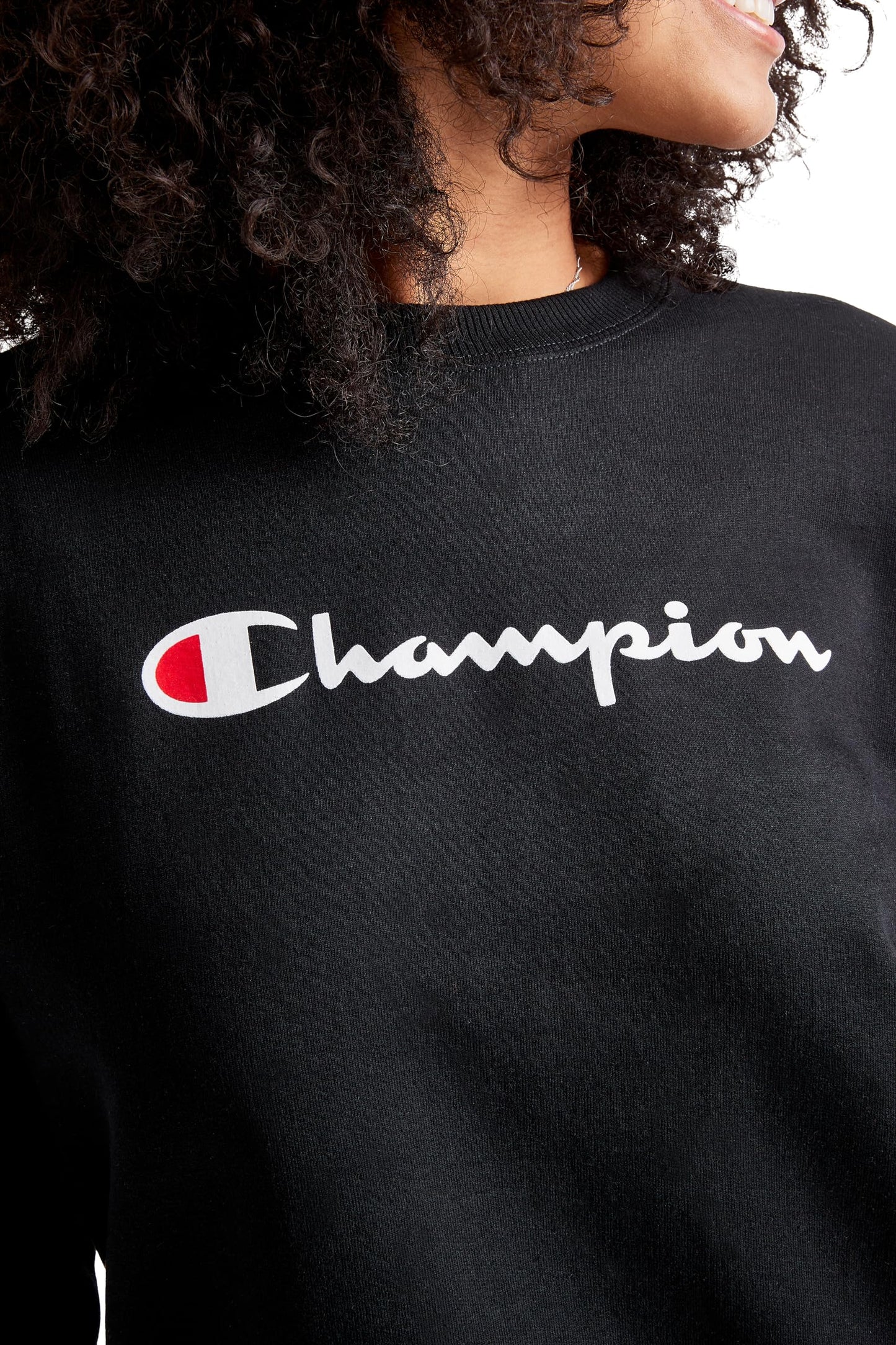 Champion Women's Sweatshirt, Powerblend, Crewneck for Women, Script (Plus, Black Script, Medium