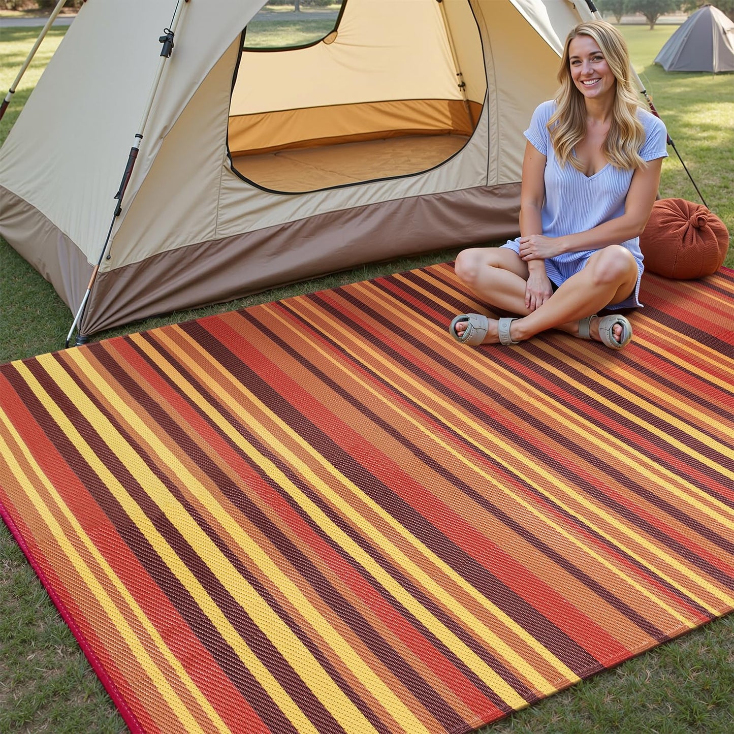 WondRg Outdoor Rug Patio Mat 6x9 Waterproof Plastic Straw Red Orange Stripe Tapis Exterieur for Camping Picnic Deck Washable Outside Carpet Balcony Backyard Porch RV Portable Reversible Lightweight