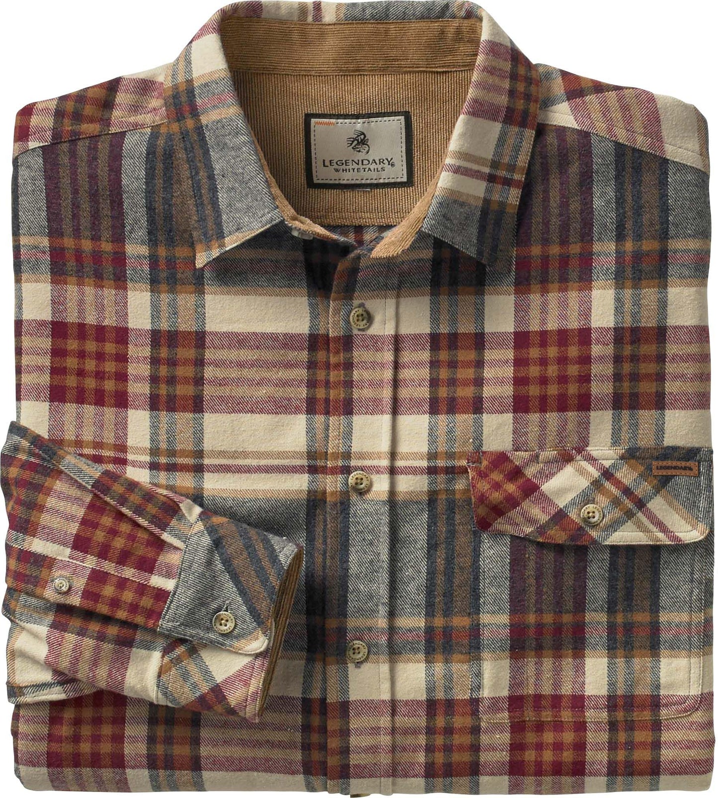 Legendary Whitetails Men's Buck Buck Camp Flannel Shirt, Long Sleeve Plaid Button Down Casual Shirt for Men, with Corduroy Cuffs, Fall & Winter Clothing, Cedarwood Plaid, XX-Large