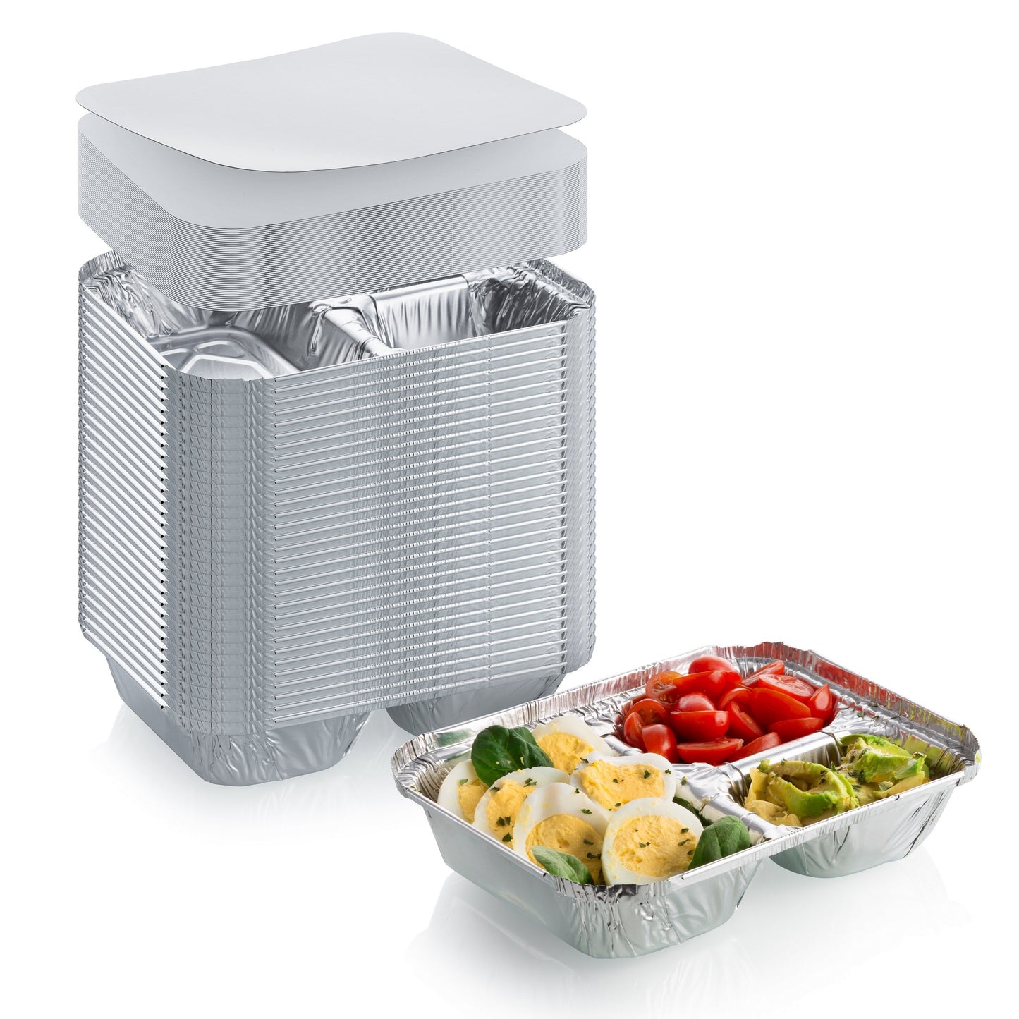 DCS Deals Disposable Aluminum Dinner Tray with Paper Lids – 3 Compartment Foil Pan – Perfect for On the Go Lunches, Leftovers, TV Plate or Takeout Convenient Airline Food Tray (25)