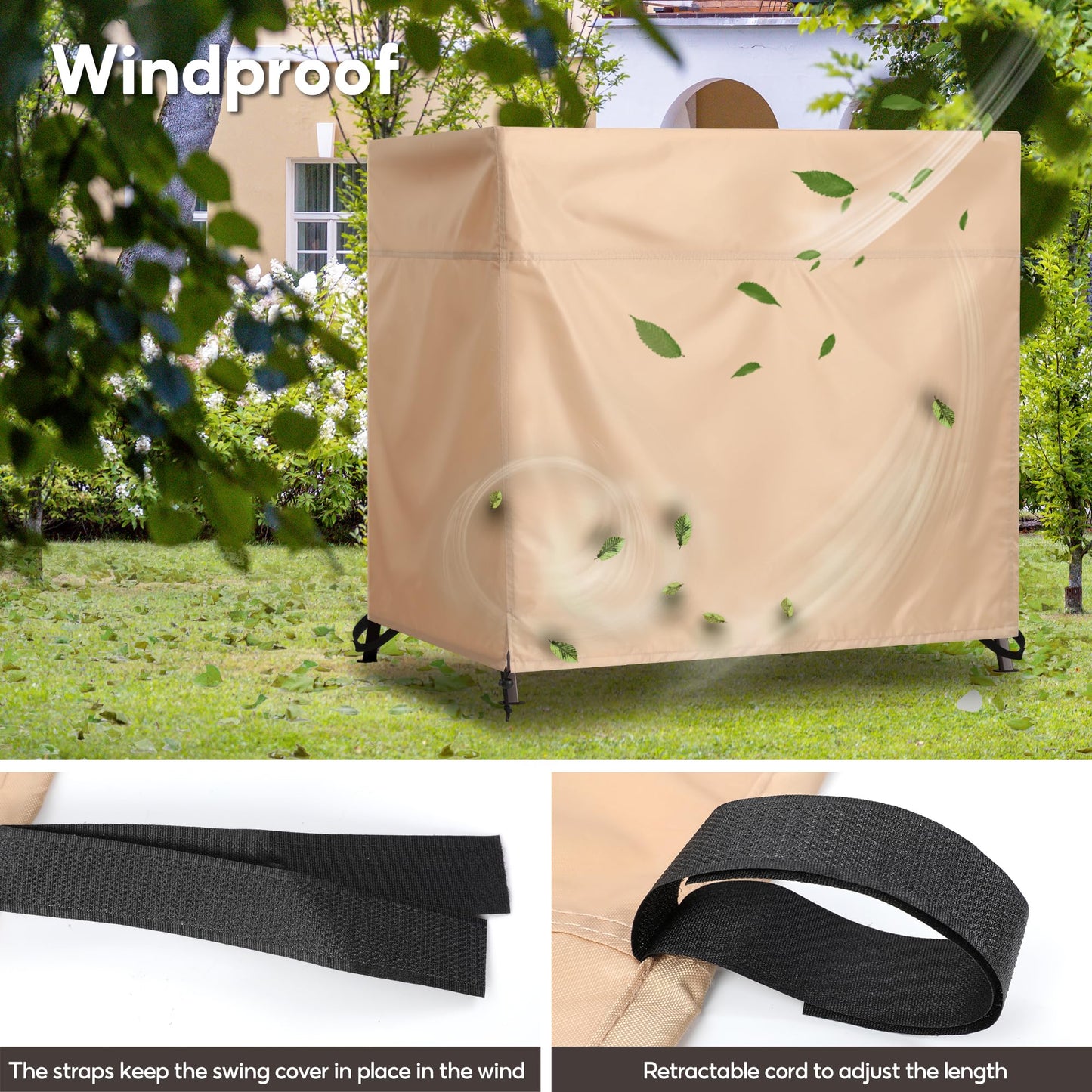 uHousDeco Outdoor 3 Triple Seater Hammock Patio Swing Chair Cover Water-Resistant All Weather Protection Beige Color