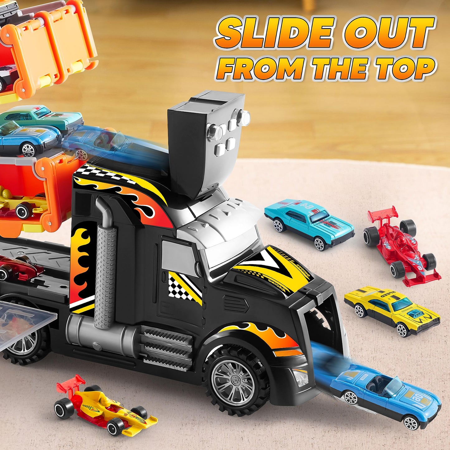 JOYIN Toy Truck for Kids, Race Toy Cars, 60" Extra Long Race Track and 12 Die-Cast Metal Cars, Toddler Carrier Truck Playset with Lights & Sounds, Birthday Gift for 2 3 4 5 6 7 Years Old Boys Girls