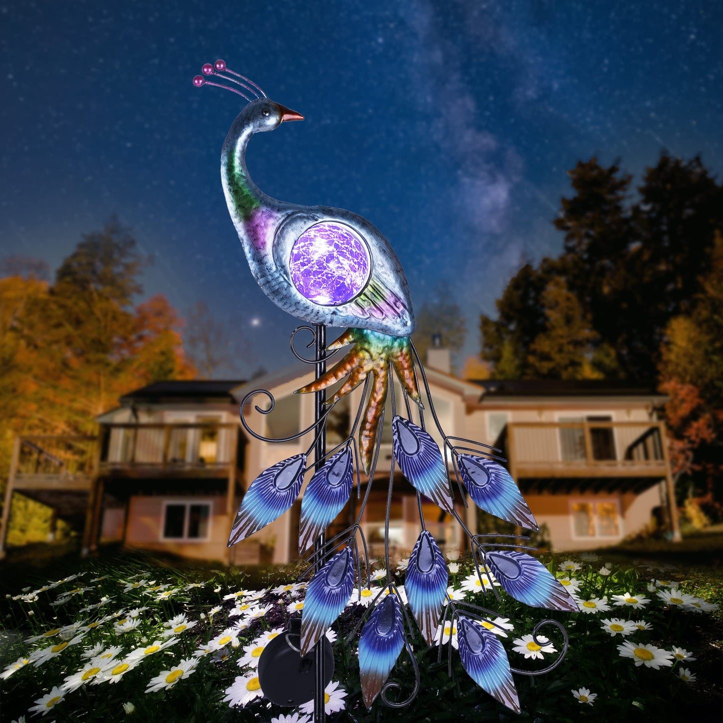 TERESA'S COLLECTIONS Peacock Solar Outdoor Light, 35.4'' Metal Lawn Ornaments with Crackle Glass Ball, Decorative Stake for Garden Decor