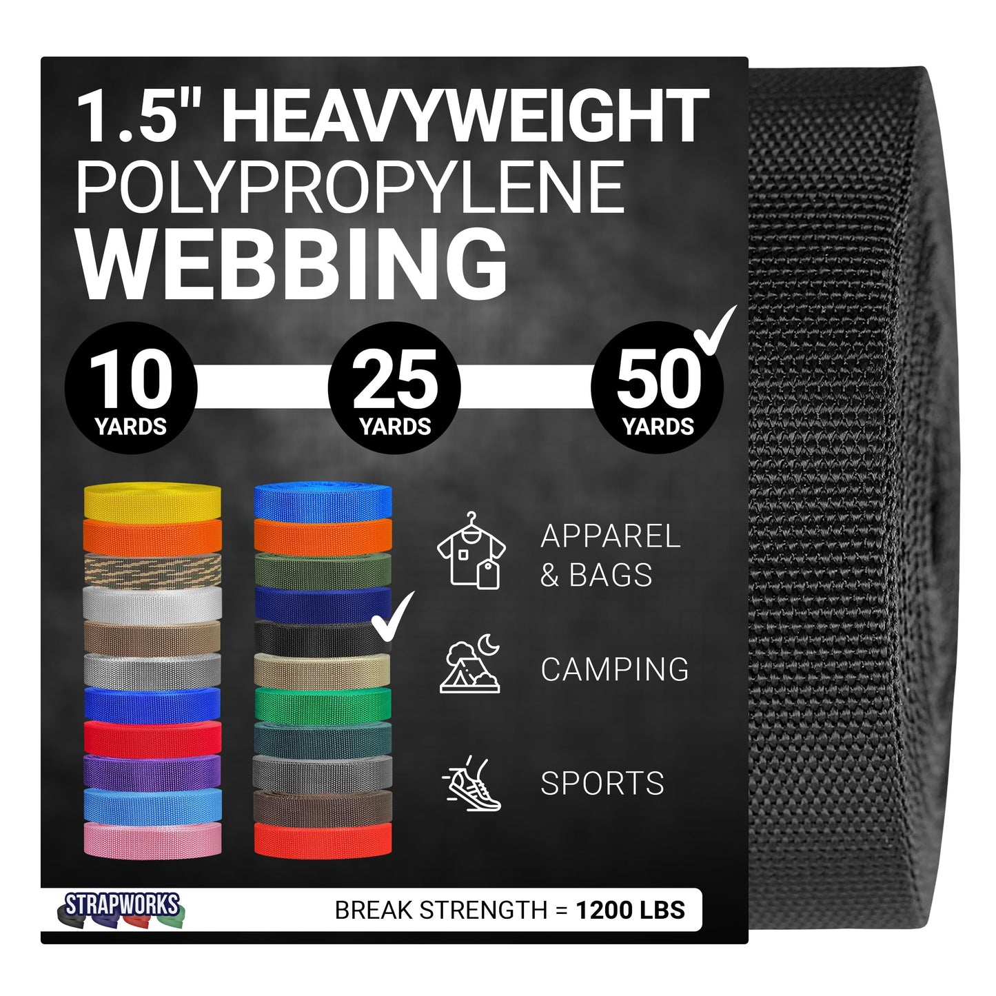 Strapworks Heavyweight Polypropylene Webbing - Heavy Duty Poly Strapping for Outdoor DIY Gear Repair, 1.5 Inch x 50 Yards, Black