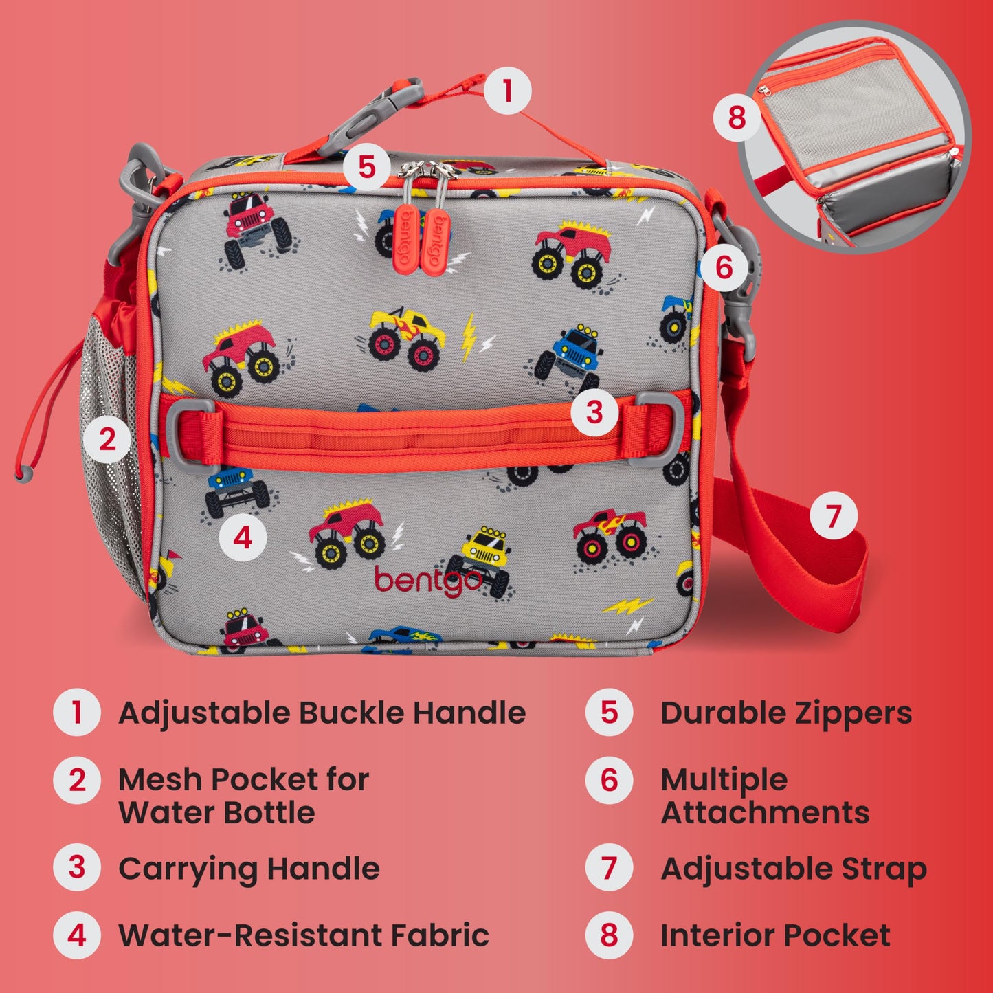 Bentgo Kids Lunch Bag - Double-Insulated, Reusable Lunch Bag for Kids 3+ with Adjustable Strap; Holds Lunch Box/Water Bottle/Snacks; Easy-Clean, Water-Resistant & Pockets (Trucks)