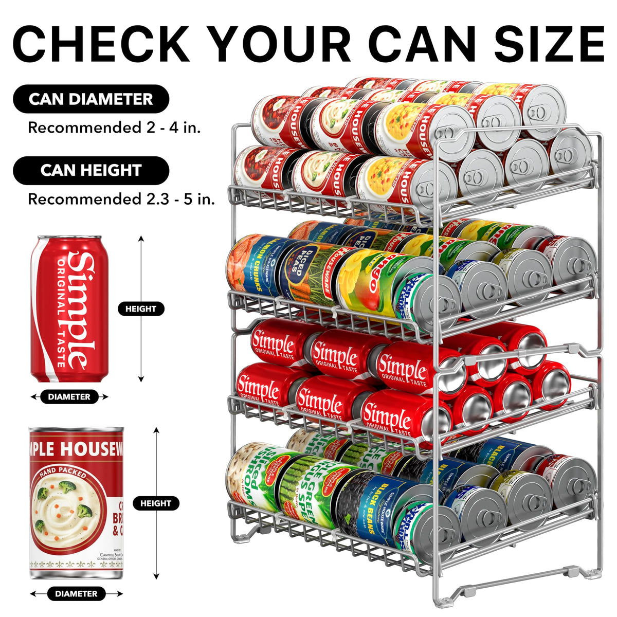 Simple Houseware 2 Tier Stackable Can Rack Organizer for Pantry Storage, 2 Pack, Silver