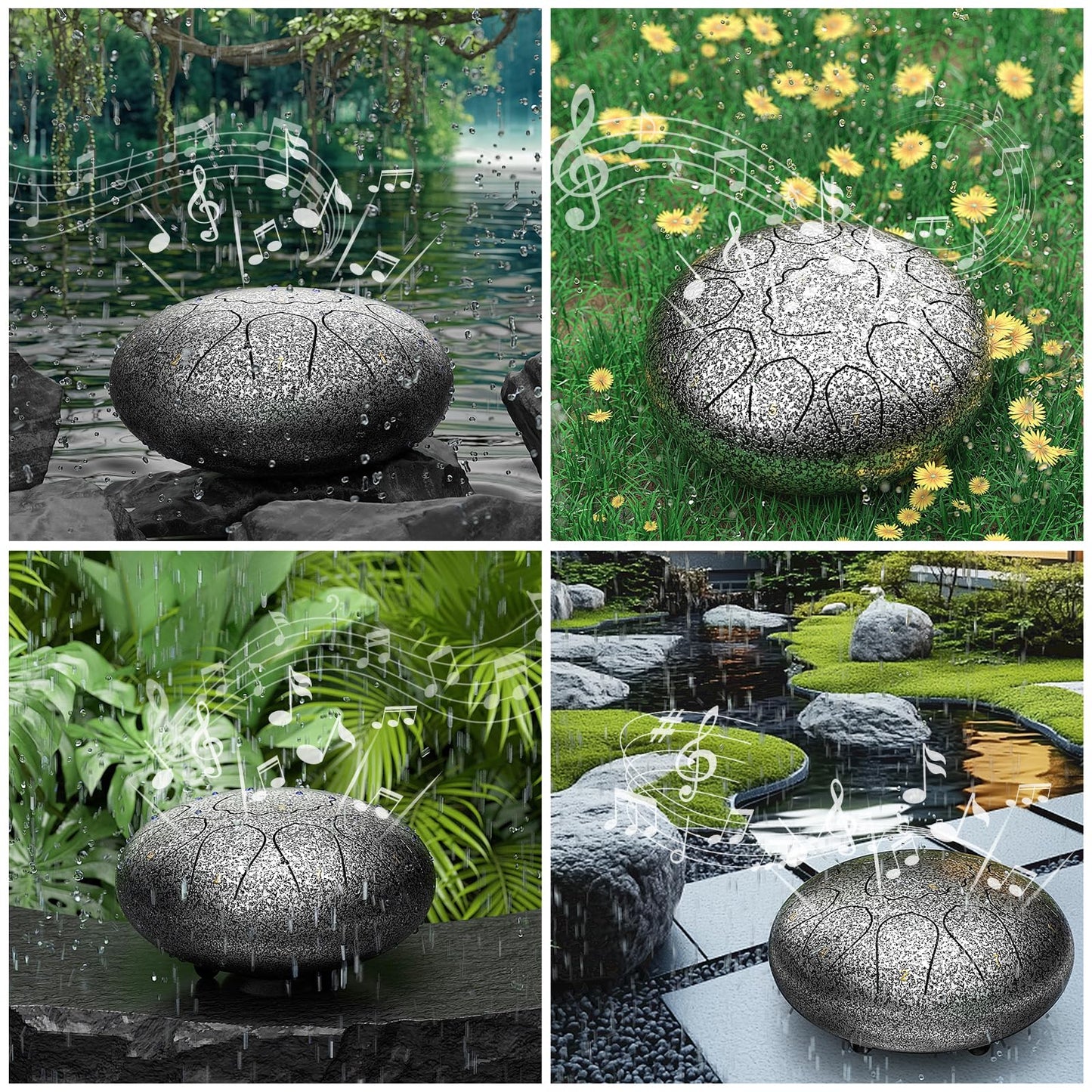 Rain Drum for Outside Garden, 8 Inches 11 Notes Steel Tongue Drum, Waterproof Meditation Rain Chime, Musical Instruments for Adult Gift with Bag, Music Book, Mallets (Star Sliver)