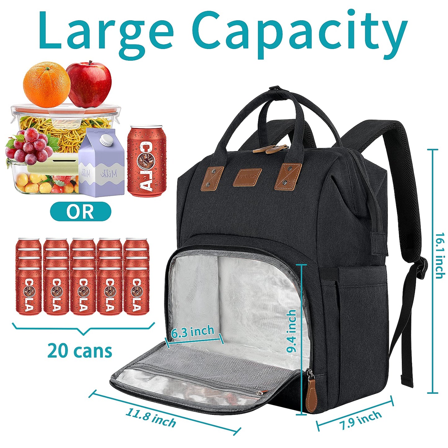 17 Inch Laptop Backpack, Large Lunch Backpack for Women Men Gifts, Travel Carry On with Lunch Box and USB Port, Insulated Cooler Bookbag Nurse Work Backpacks, Black