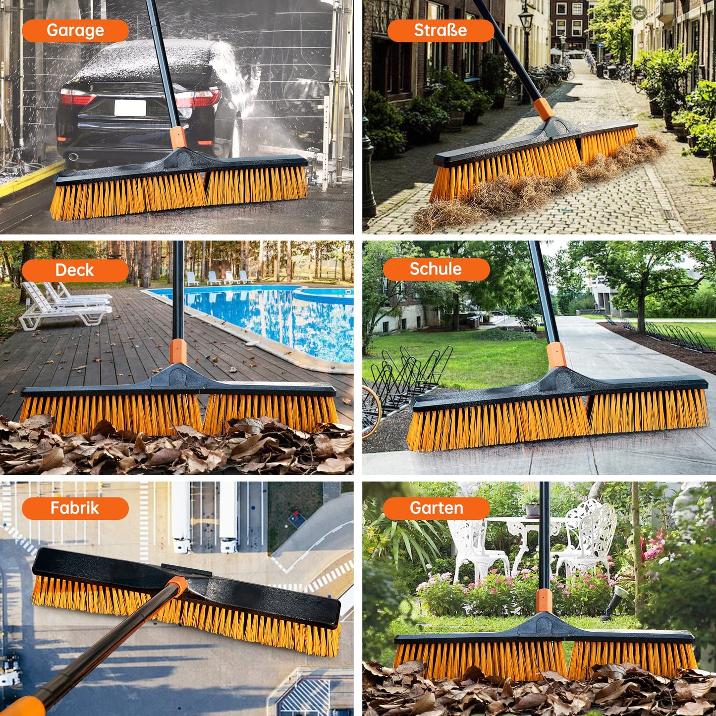 CLEANHOME 24”Push Broom Brush for Floor Cleaning with 65” Long Handle and Stiff Bristles, Heavy Duty Brush for Shop, Deck, Garage, Concrete,Indoor and Outdoor Broom 2 Set,Orange