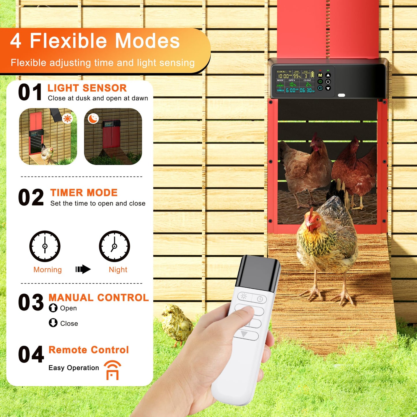ZenxyHoC Automatic Chicken Coop Door Solar Powered with Remote Control, Aluminum Chicken Door with Programmable LCD Display, 4 Operating Modes Controlled by Timer and Light Sensor