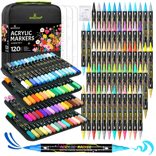 120 Colors Acrylic Paint Markers, Permanent Dual-Tip Acrylic Markers Set, Soft Brush Tip Paint Pens for Rock Painting, Canvas, Glass, Wood, Ceramic, DIY Craft Art Supplies, Set of 60 (120 COLORS)