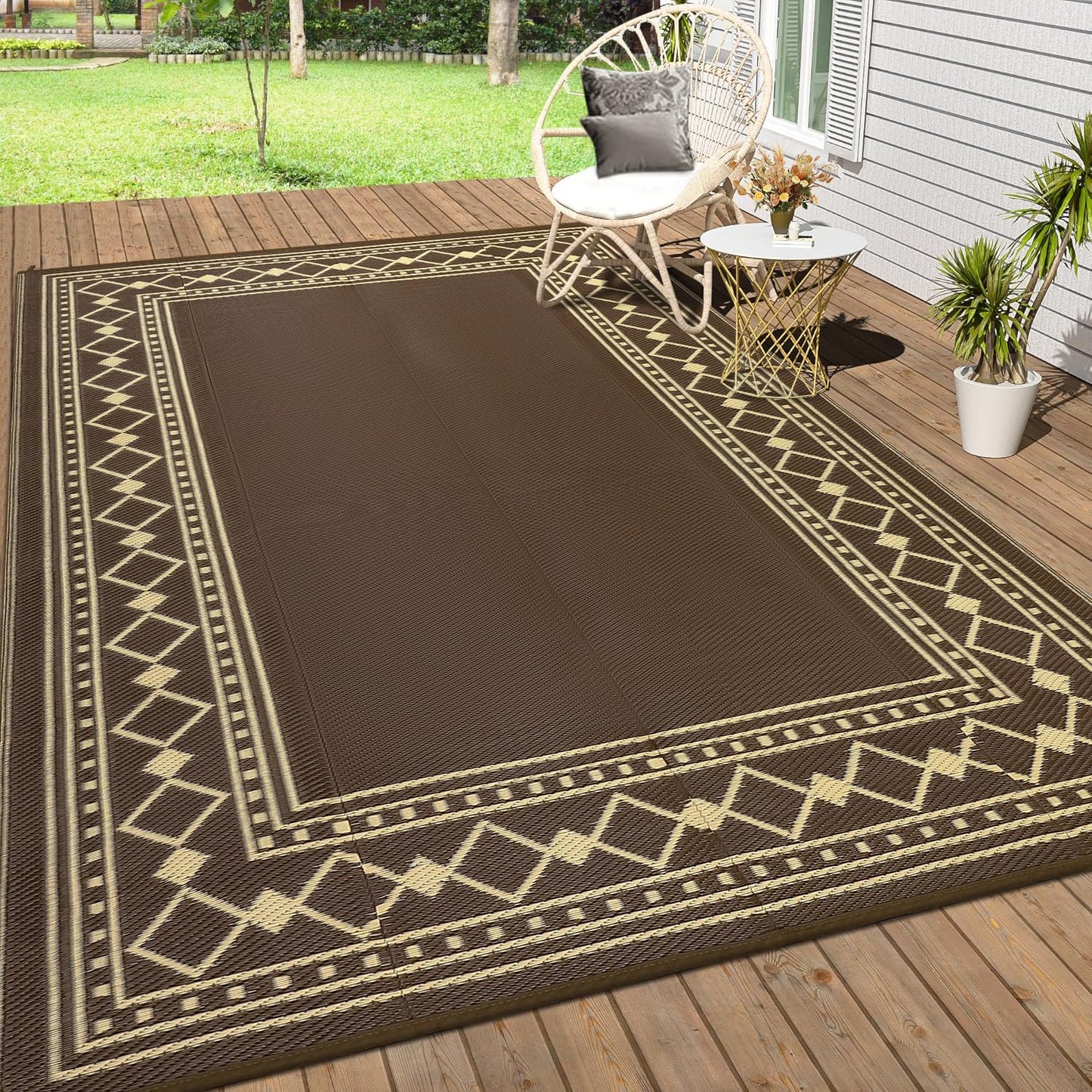 Garvee 6x9 Outdoor Camping Rug for Garden Contemporary Diamond Bordered Outdoor Picnic Mat Washable Non-Slip Easy-Clean Camper Carpets Brown Folding Portable Area Rug for Beach Backyard RV