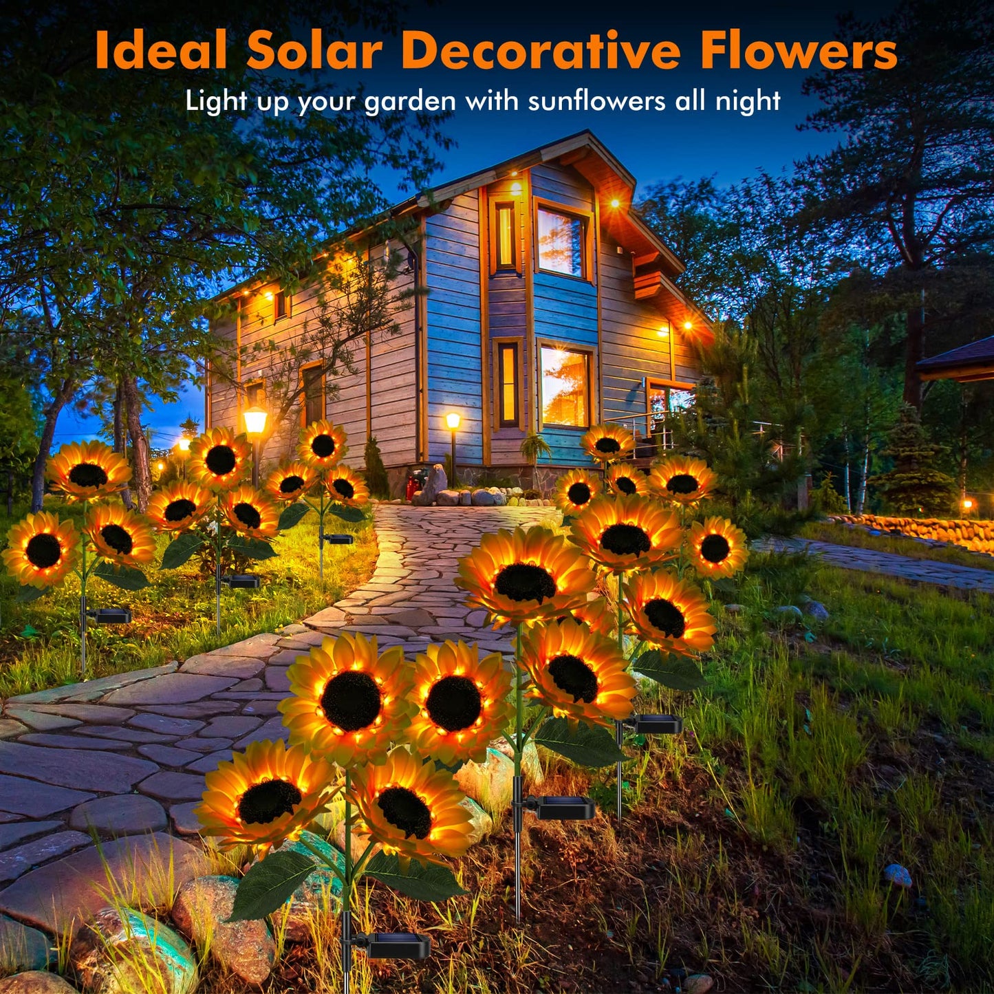 Meagoo Solar Sunflower Lights, 800mA Solar Garden Light with Real Looking Flowers Outdoor Waterproof Solar Stake Lights for Back Yard, Flower Bed, Pathway, Patio, Porch, Fall Decoration