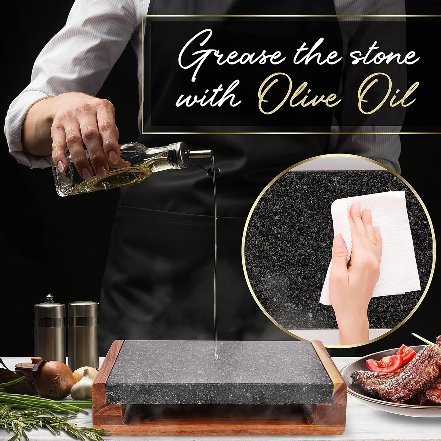 Nutrichef Hot Stone Steak Serving Set – Natural Granite Cooking Stone with Wooden Tray, Keeps Food Hot Longer, Restaurant-Style Steak, Seafood & Appetizer Platter