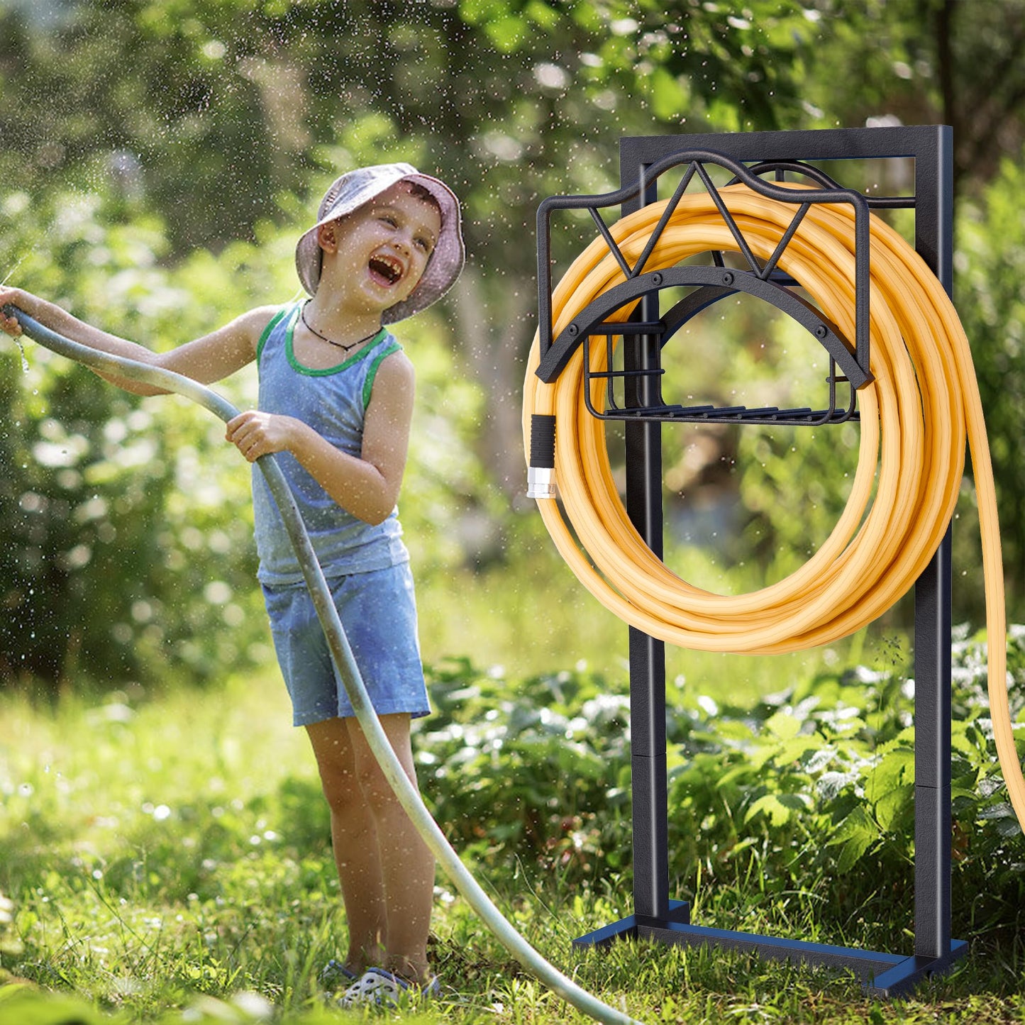 AMDERVEN Garden Hose Holder for Outside - Freestanding Metal Stand With 5 Spikers and Basket, Outdoor Heavy Duty Reel, Holds 150-feet, Black