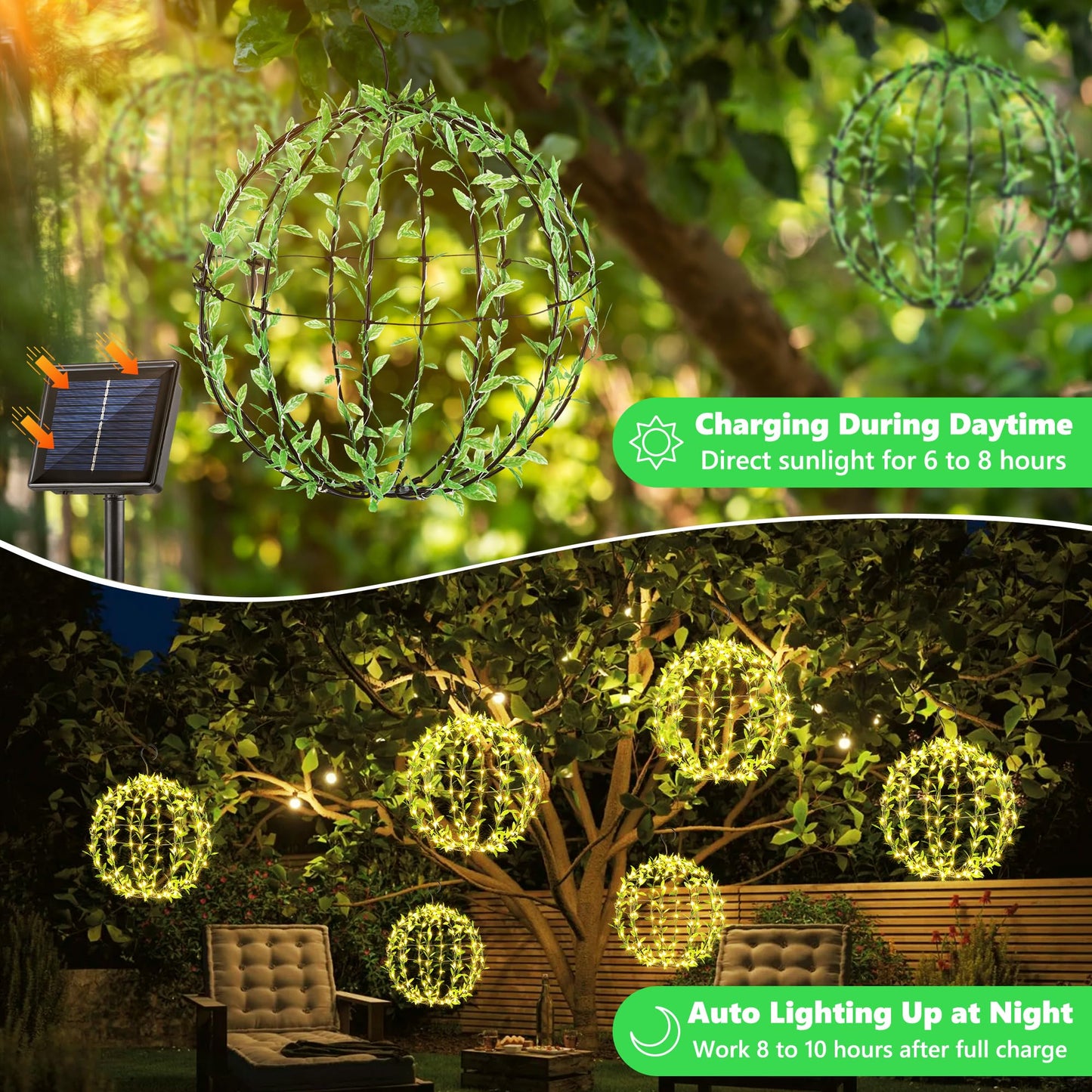 Joomer Solar Hanging Ball Lights Outdoor, 2-Pack 13in + 11in Total 264 LED Solar Globe Lights, 8 Modes Waterproof Metal Sphere Lights with Hooks for Patio Garden Decor - Warm White