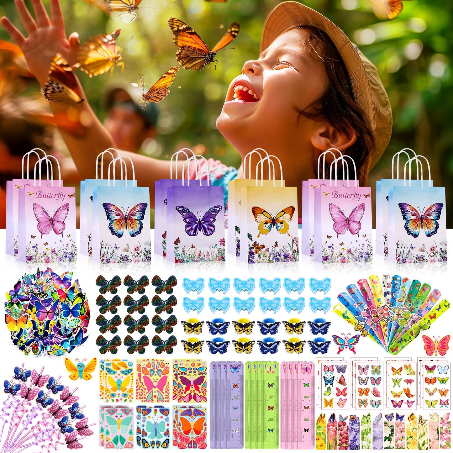 170pcs butterfly party favors Supplies, rulers,Scratch Crafts,Gift Bags,Stickers School Stationery Bulk for Kids Birthday Fill Up the Goodie Bags Prizes Pinata Fillers girl Party Decorations