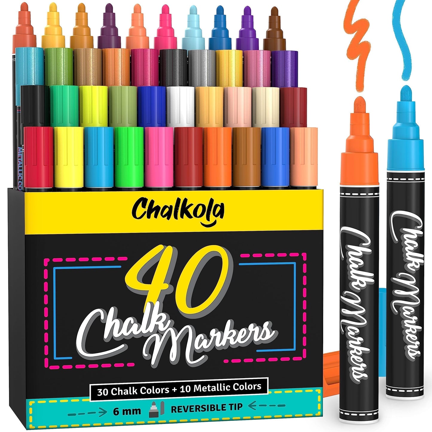 Chalkola Chalk Markers - Pack of 40 (Neon, Classic & Metallic) Chalk Pens - For Chalkboard, Blackboard, Window, Labels, Bistro, Glass - Wet Wipe Erasable - 6mm Reversible Tip