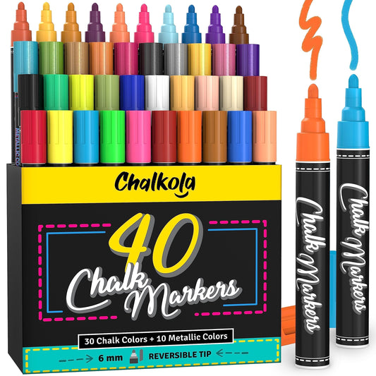 Chalkola Chalk Markers - Pack of 40 (Neon, Classic & Metallic) Chalk Pens - For Chalkboard, Blackboard, Window, Labels, Bistro, Glass - Wet Wipe Erasable - 6mm Reversible Tip