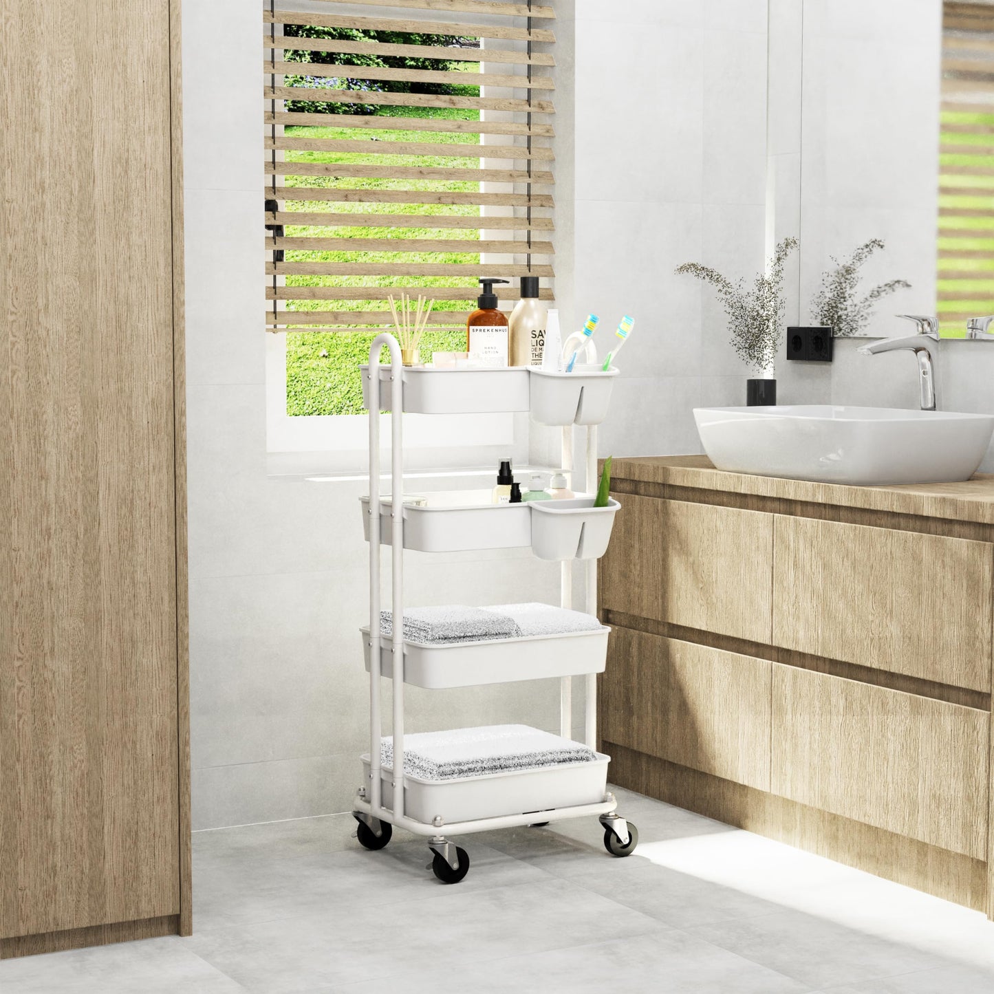 Simple Houseware 4-Tier Rolling Utility Cart with Hanging Buckets, White