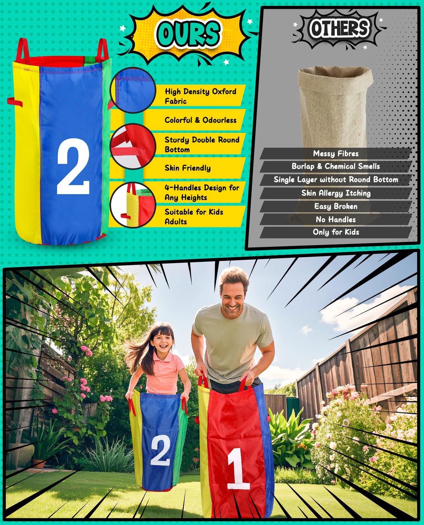 Eocolz Outdoor Carnival Games, Potato Sack Bags for Kids Adults, Egg Spoon Relay Race, 3 Legged Race Bands, Catch Tail Games, Birthday Party, Field Day Family Day Yard Lawn Easter Fall Festival Games