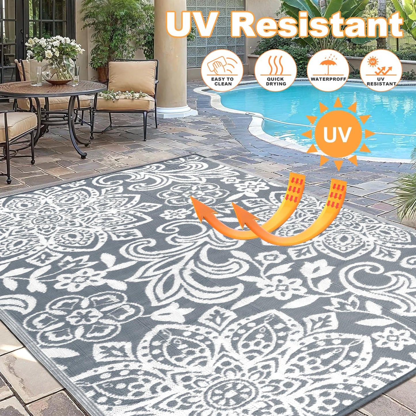 Findosom Waterproof Outdoor Rug 5' x 8' - Reversible Mandala Outdoor Plastic Straw Rug, Durable Foldable Patio Rug for RV, Deck, Balcony, Backyard, Picnic, Porch, Camping, Beach, Gray