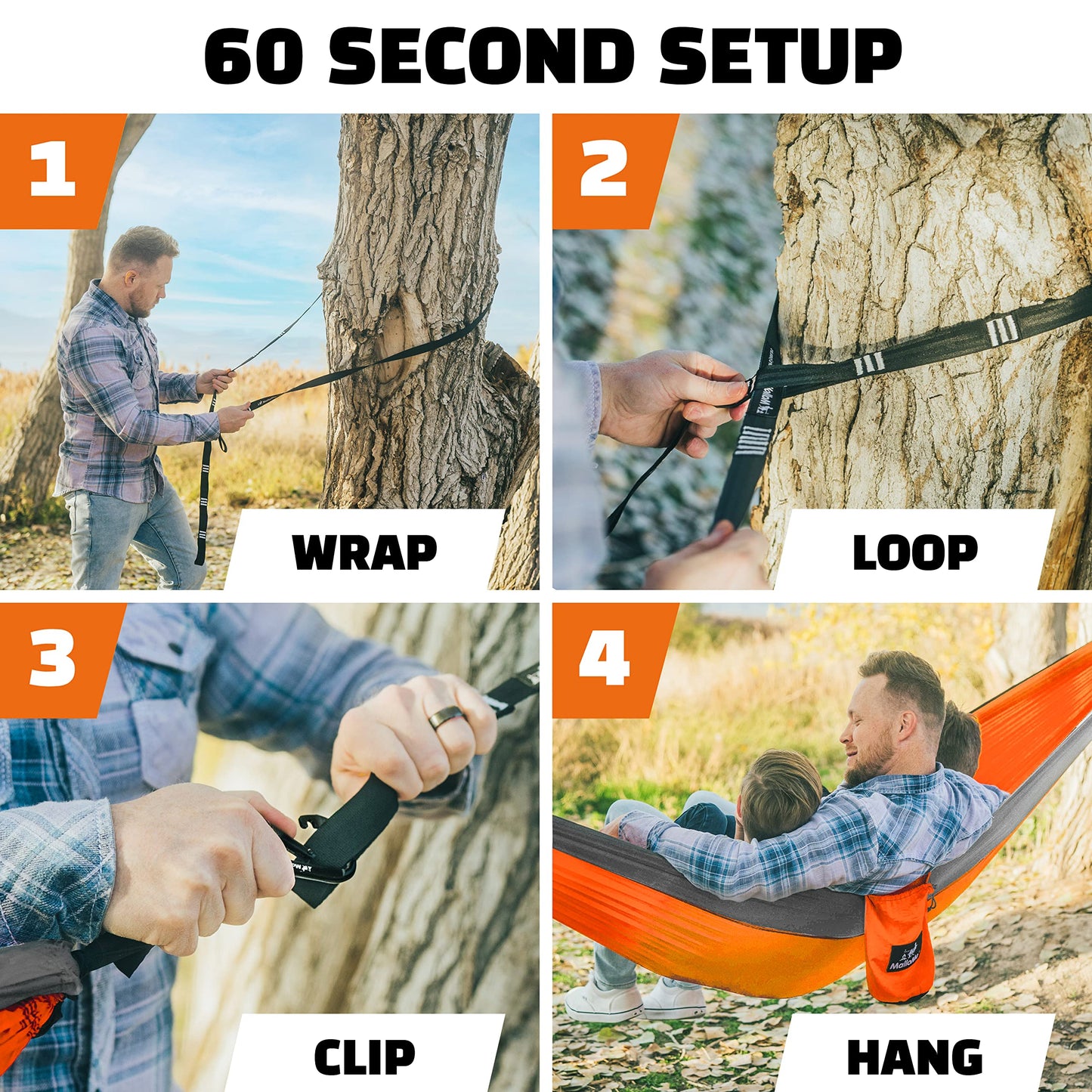 MalloMe Camping Hammock with Straps - Portable Outdoor Hammock for Adults, Kids - Double Hamac - 2 Person Hammocks - Tree Hamac Swing with Accessories - Hamock Tent for Travel - Hammocks for Outside