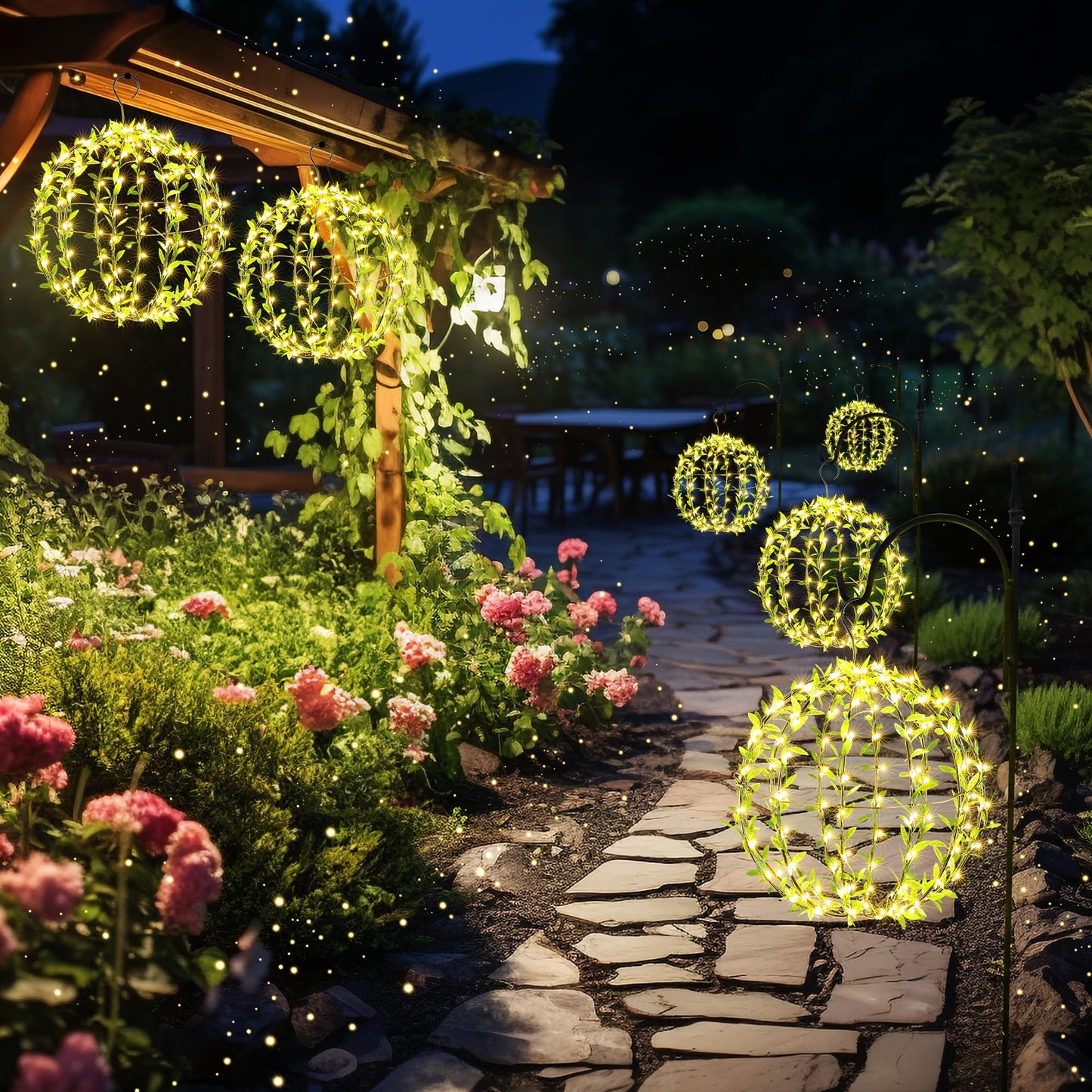 Joomer Solar Hanging Ball Lights Outdoor, 2-Pack 13in + 11in Total 264 LED Solar Globe Lights, 8 Modes Waterproof Metal Sphere Lights with Hooks for Patio Garden Decor - Warm White