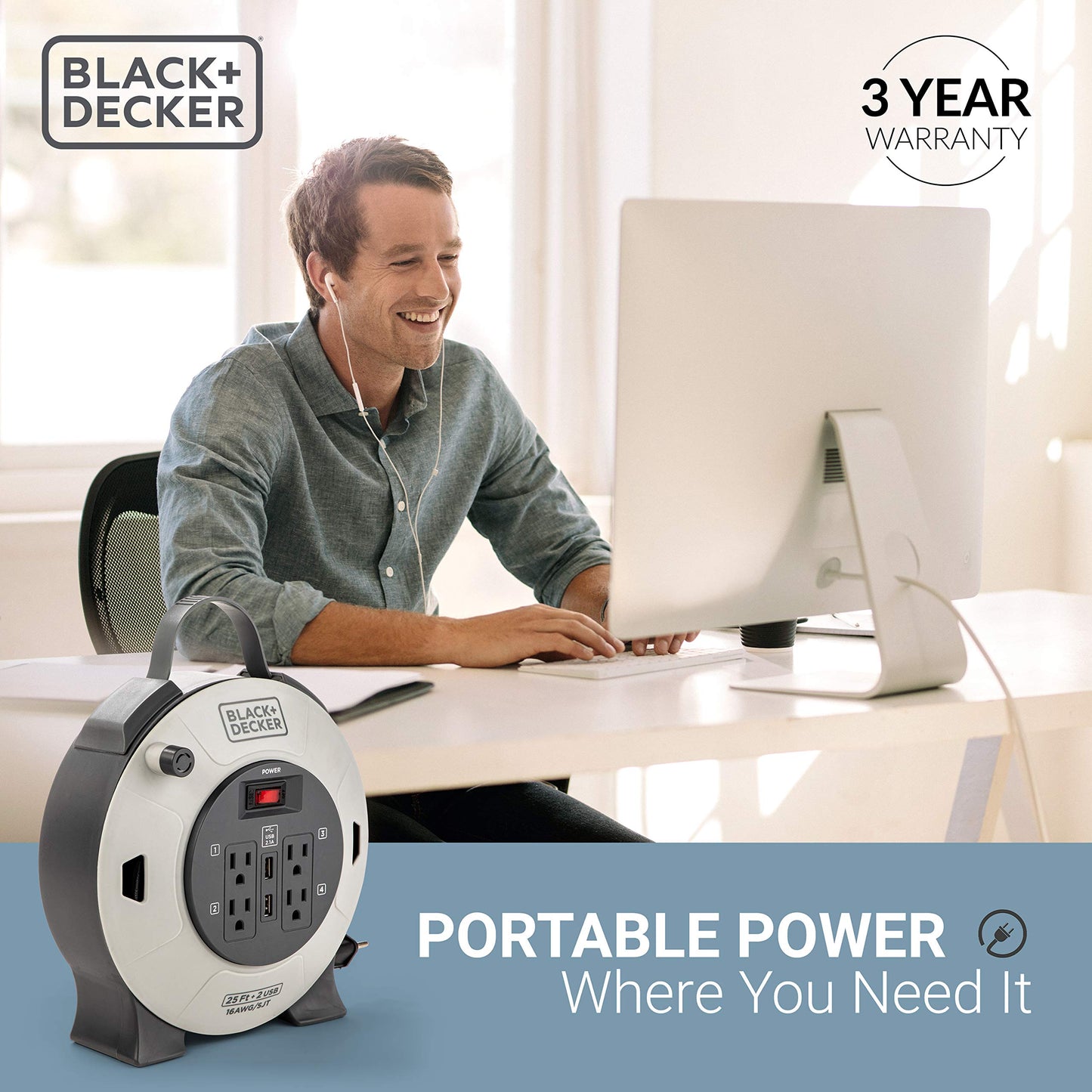 BLACK+DECKER 25 Ft. Retractable Extension Cord Reel with 4 Outlets, 2 USB Ports, Multi-Plug Extension, On/Off Switch & Heavy-Duty 16AWG SJT Cable