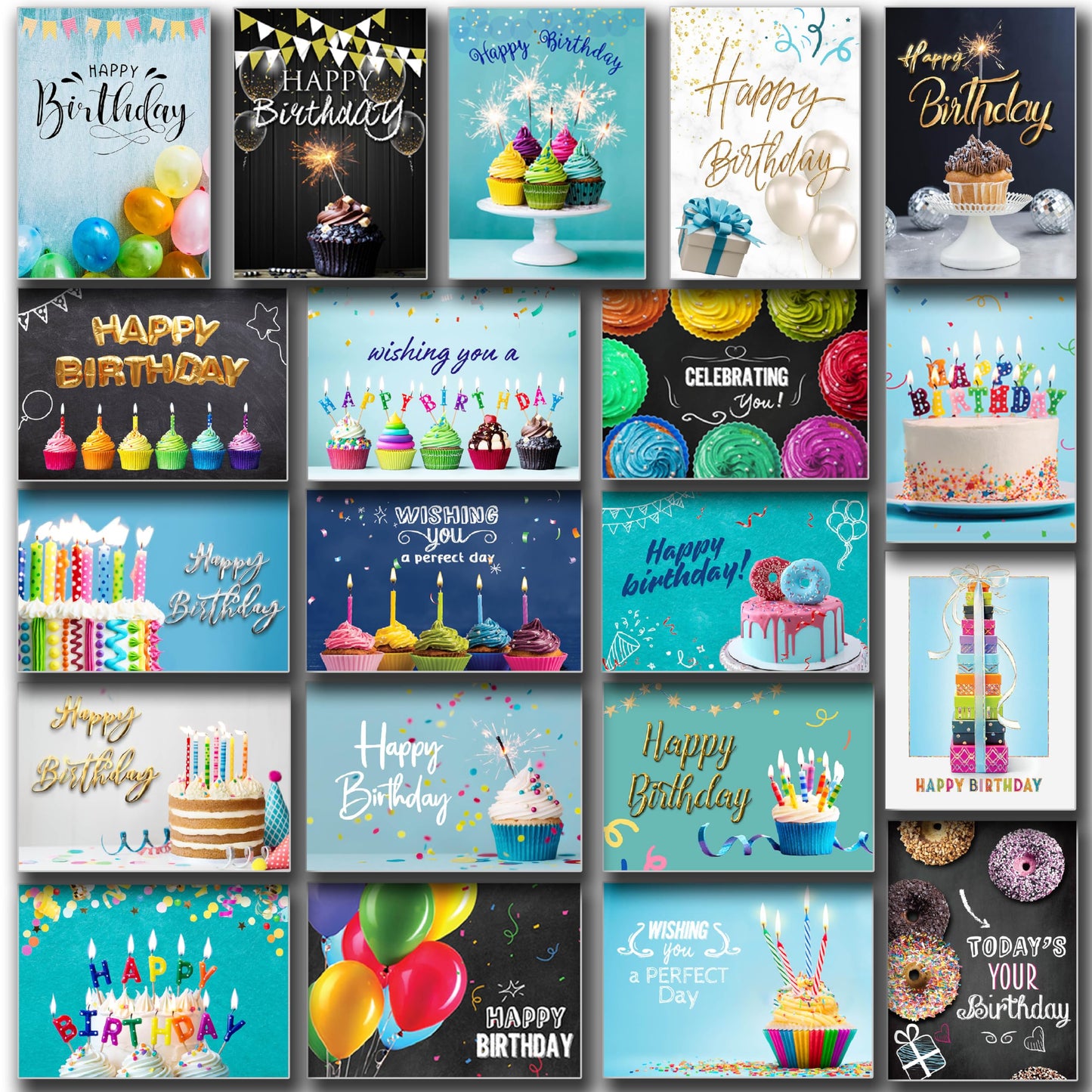 100 Happy Birthday Cards in Bulk with Envelopes , Stickers and Generic Birthday Greetings Inside – Large 5x7 Inches, 20 Unique Designs Notes, Thick Cardstock , Matte Finished in a Sturdy Box