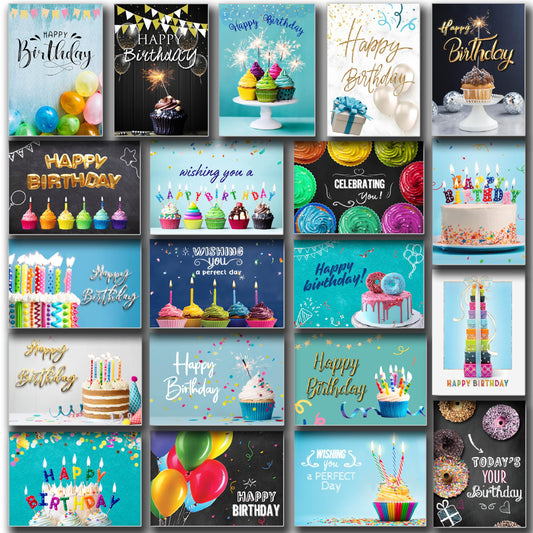100 Happy Birthday Cards in Bulk with Envelopes , Stickers and Generic Birthday Greetings Inside – Large 5x7 Inches, 20 Unique Designs Notes, Thick Cardstock , Matte Finished in a Sturdy Box