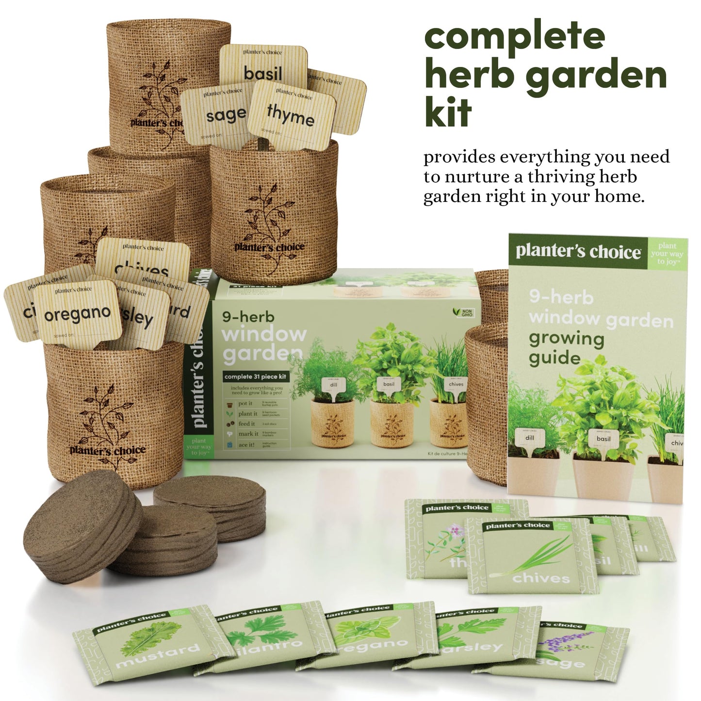 9 Herb Indoor Window Garden Kit - House Plants Seeds - Best Unique Gift Ideas for Women, Mom, Friend, Her, Birthday, Housewarming, Mother - New Home Kitchen Gifts - Live Plant Starter (Burlap Pots)