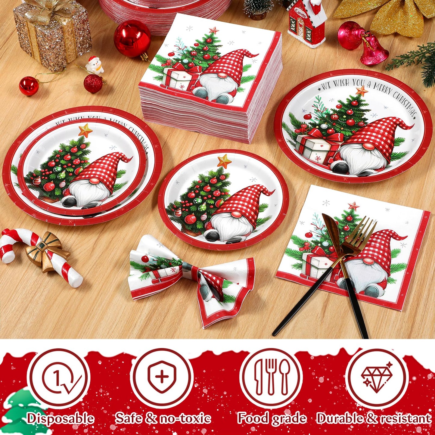 Homlouue 200 PCS Christmas Paper Plates and Napkins Sets, Xmas Tree Gnome Plates and Napkins Disposable, Merry Christmas Disposable Dinnerware Sets, Winter Xmas Party Supplies Decoration, Serve 50