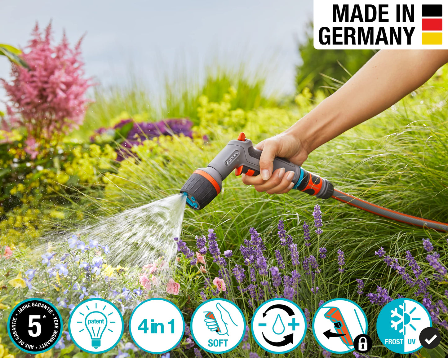 Gardena 18304-20 Frost-Proof ecoPulse™ Multi-Pattern Watering Nozzle, for Water-conserving Cleaning and Watering, Includes Waterstop Quick Connector, Made in Germany