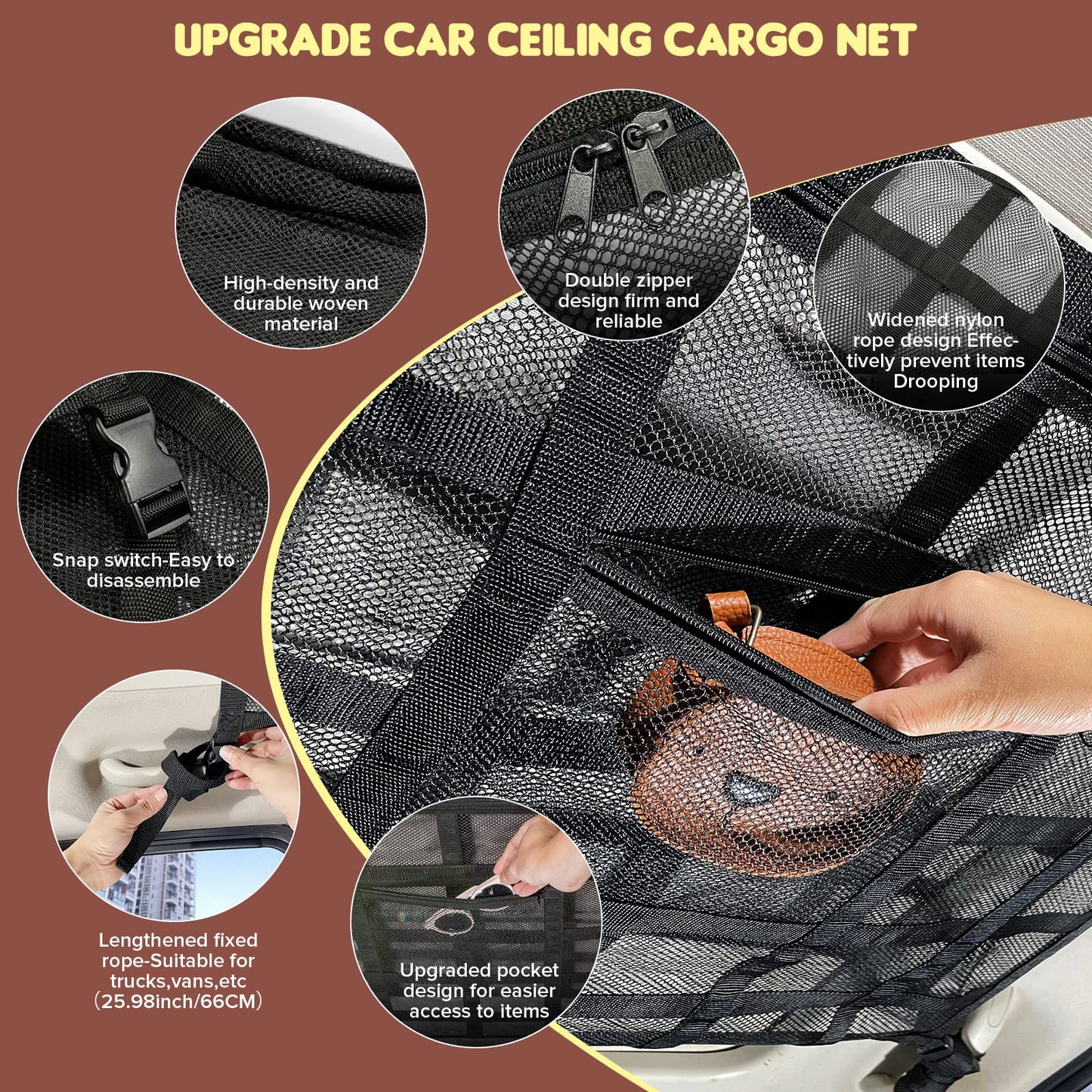 Upgrade Car Ceiling Cargo Net Pocket,31.5"x21.6" Strengthen Load-Bearing and Droop Less Double-Layer Mesh Car Roof Storage Organizer,Truck SUV Travel Long Road Trip Camping Interior Accessories