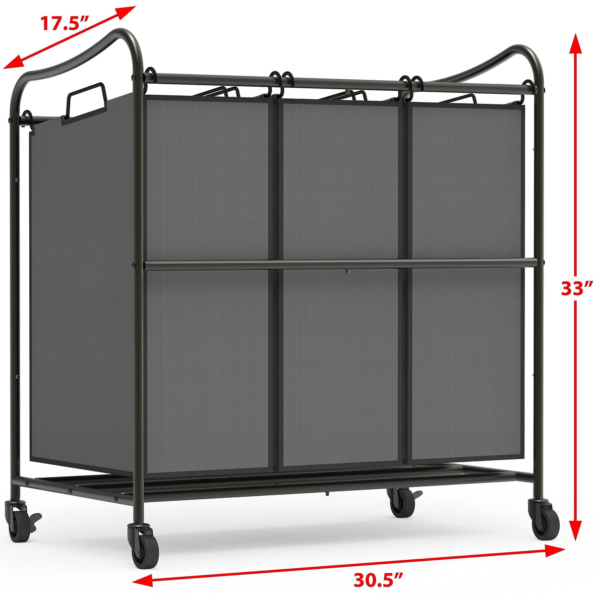 Simple Houseware 3-Section Rolling Laundry Hamper - Heavy Duty Laundry Sorter Cart with Wheels & 3 Removable Bags for Clothes Organization, Dark Grey