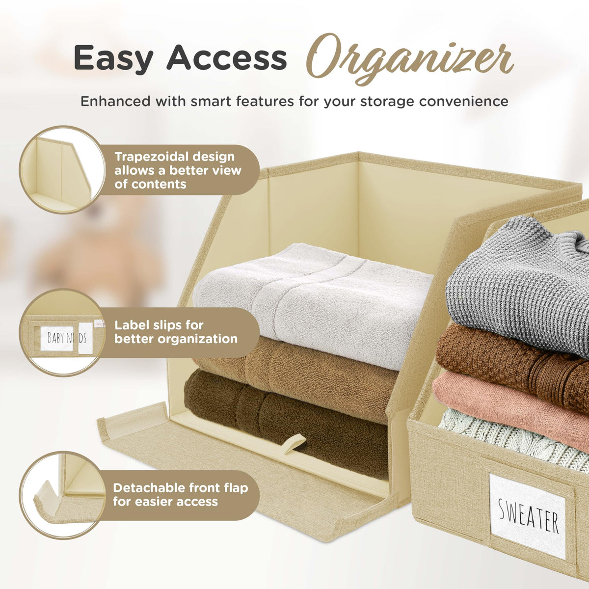 VIVIDECOR Trapezoid Storage Bins – 3-Pack Closet Shelf Organizer & Baskets, Open Front Bin for Shelves, Foldable Fabric Basket for Clothes, Cube Storage Bins, Towel, Clothing Shelf (Beige, 3 Pack)