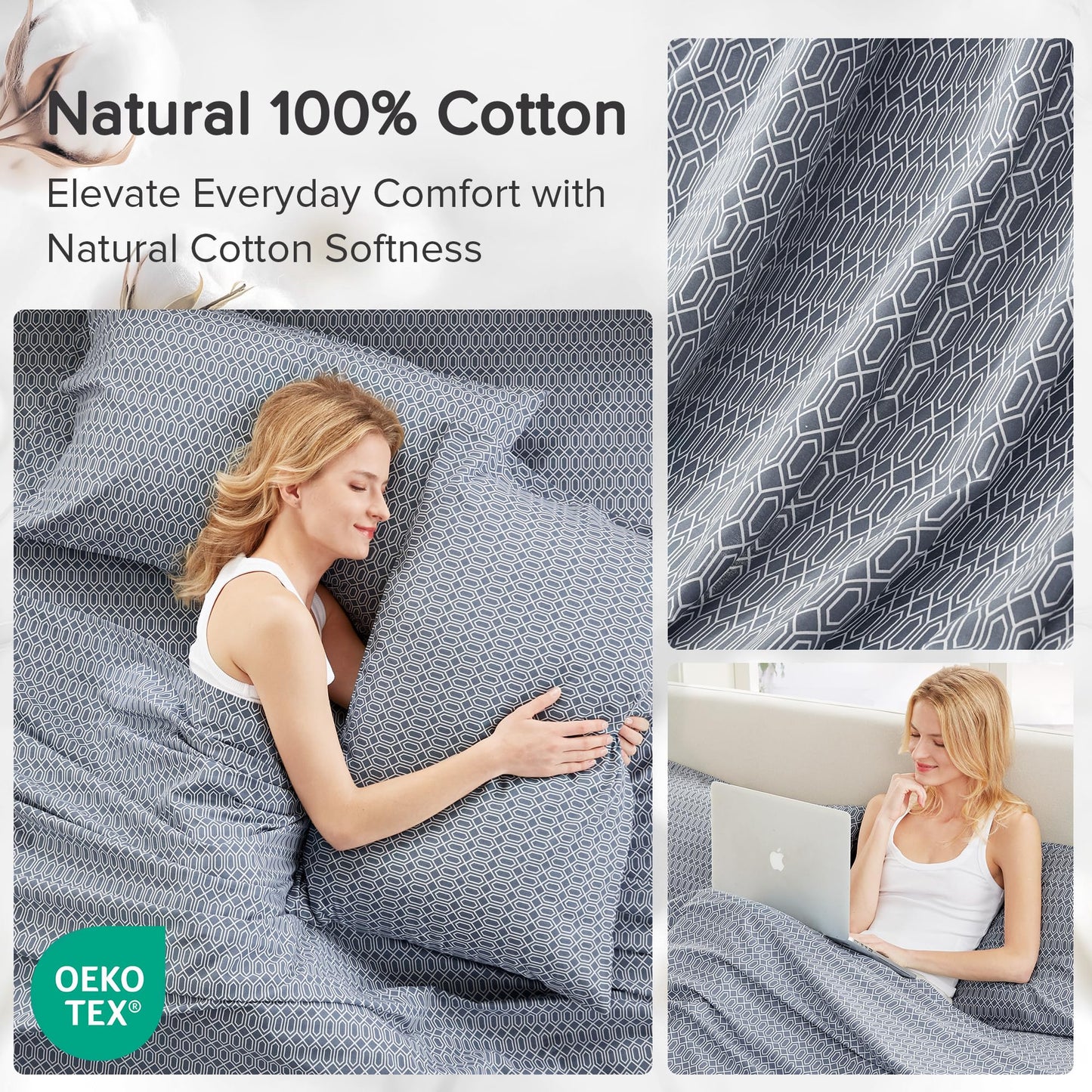 Comfort Spaces 100% Cotton Sheets Full, Breathable, Naturally Cool Cotton Sheets, Soft Cotton Bed Sheets with 14" Elastic Pocket Fits up to 16" Mattress, All Seasons Sheet Set, Diamond Blue 4 Piece