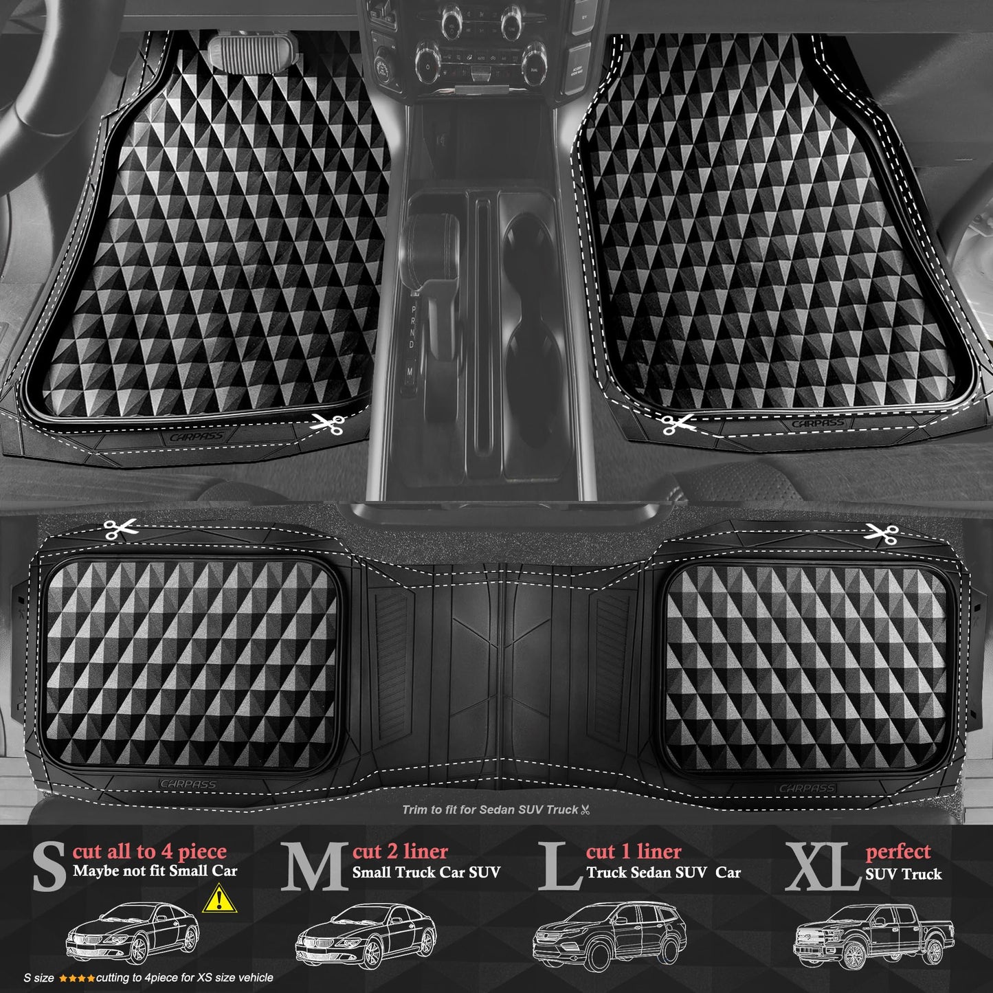 CAR PASS Rubber Car Floor Mats Full Set, Heavy Duty Deep Dish All-Weather Liners, 3D Anti-Slip Rhombus, Waterproof & Trim-to-Fit, Universal Fit for Cars, SUV & Truck, 3-Piece, Black