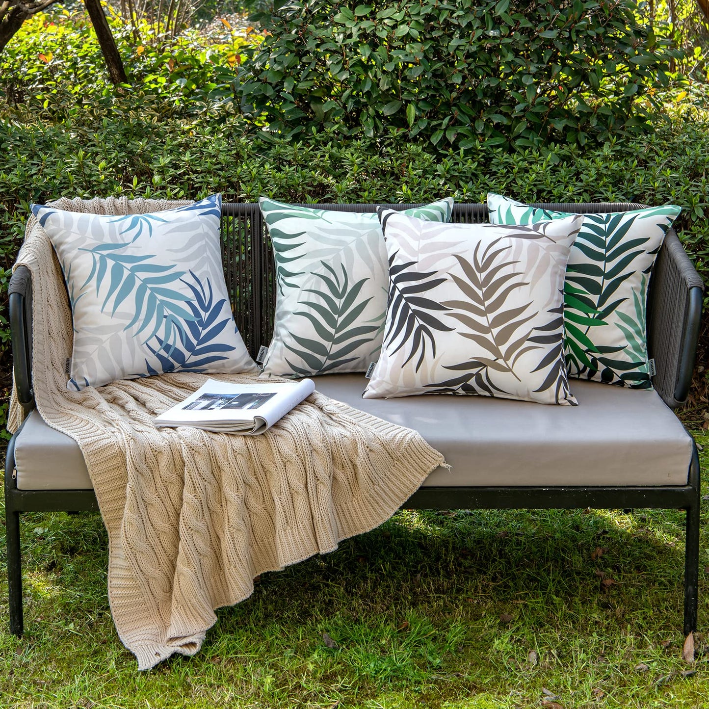 MIULEE Pack of 2 Decorative Outdoor Waterproof Throw Pillow Covers Patio Pillow Cases Natural Leaves Pattern Spring Square Cushion Shams Shell for Garden Balcony Couch 20x20 Inch, Coffee Brown
