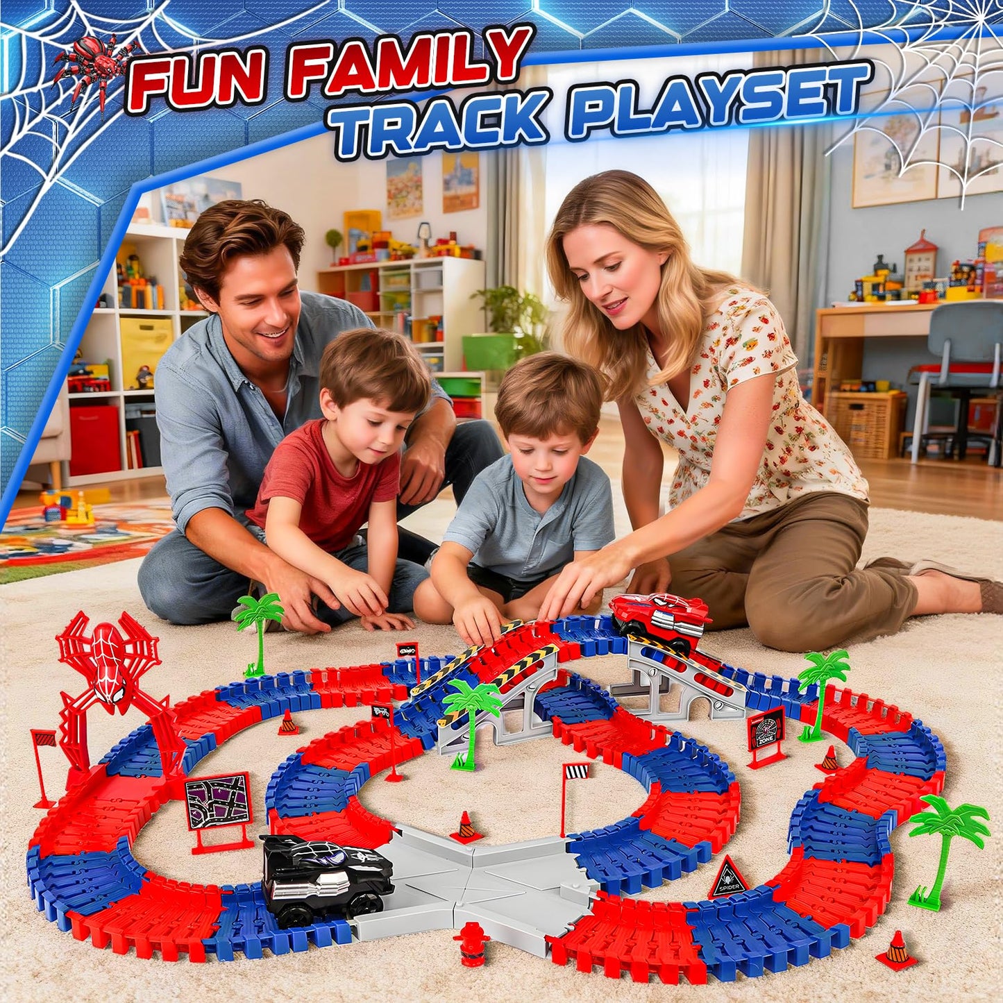 Spider Race Track Toys for Boys 4-6 - Monster Truck Toys for 3 4 5 6 7 8 Year Old Boys Girls, Toddler Tracks Playset with 2 Electric Spider Cars, Kids Christmas Birthday Gifts Age 3-4 3-5 6-8 (212PCS)