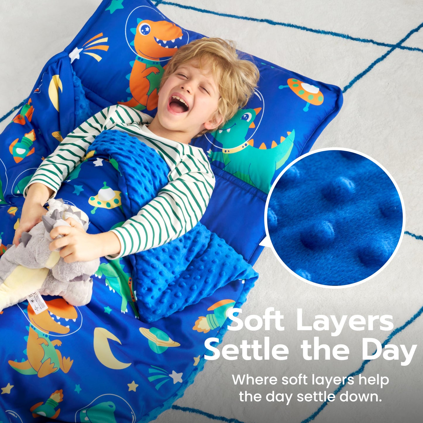 JOIEDOMI Toddler Sleeping Bag for Kids 55''x30'' Nap Mat with Removable Pillow and Minky Blanket for Toddler Ages 3-7 Roll Up Kids Sleeping Bag for Boys Girls Kindergarten Daycare Sleepover Dinosaur
