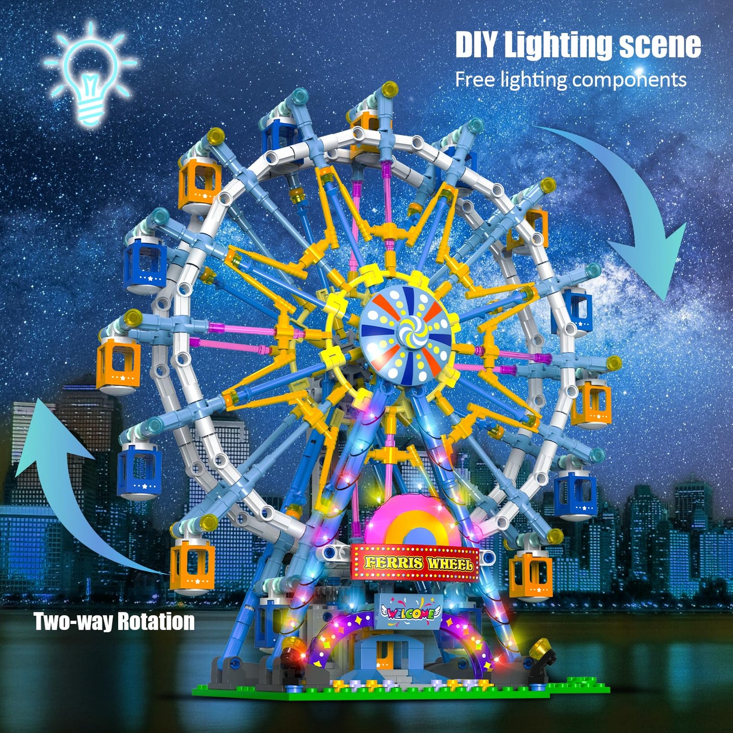 2025 Newly Upgrade Ferris Wheel Building Set with Fairy Light, Two-Way Rotating Ferris Wheel Building Blocks Set of 813 PCS, Amusement Park Model Kit for Kids Ages 8+, Ideas Gift for Boys and Girls