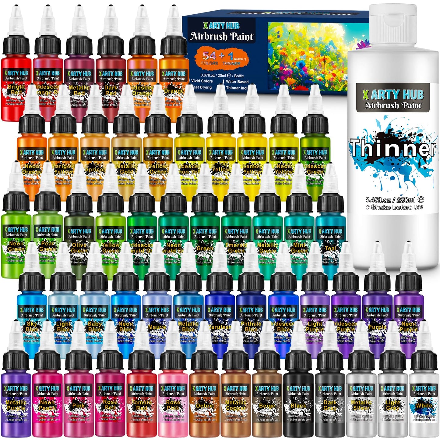X ARTY HUB Airbrush Paint - 54 Colours with 250 ml Thinner, Iridescent, Neon and Metallic Air Brush Paints Acrylic Ready to Spray, Water-Based Painting Set for Artists Beginners