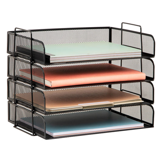 Mind Reader Stackable Paper Tray, Desktop Organizer, File Storage, Office, Metal Mesh, 14"L x 9.75"W x 11.25"H, 4 Pcs., Black