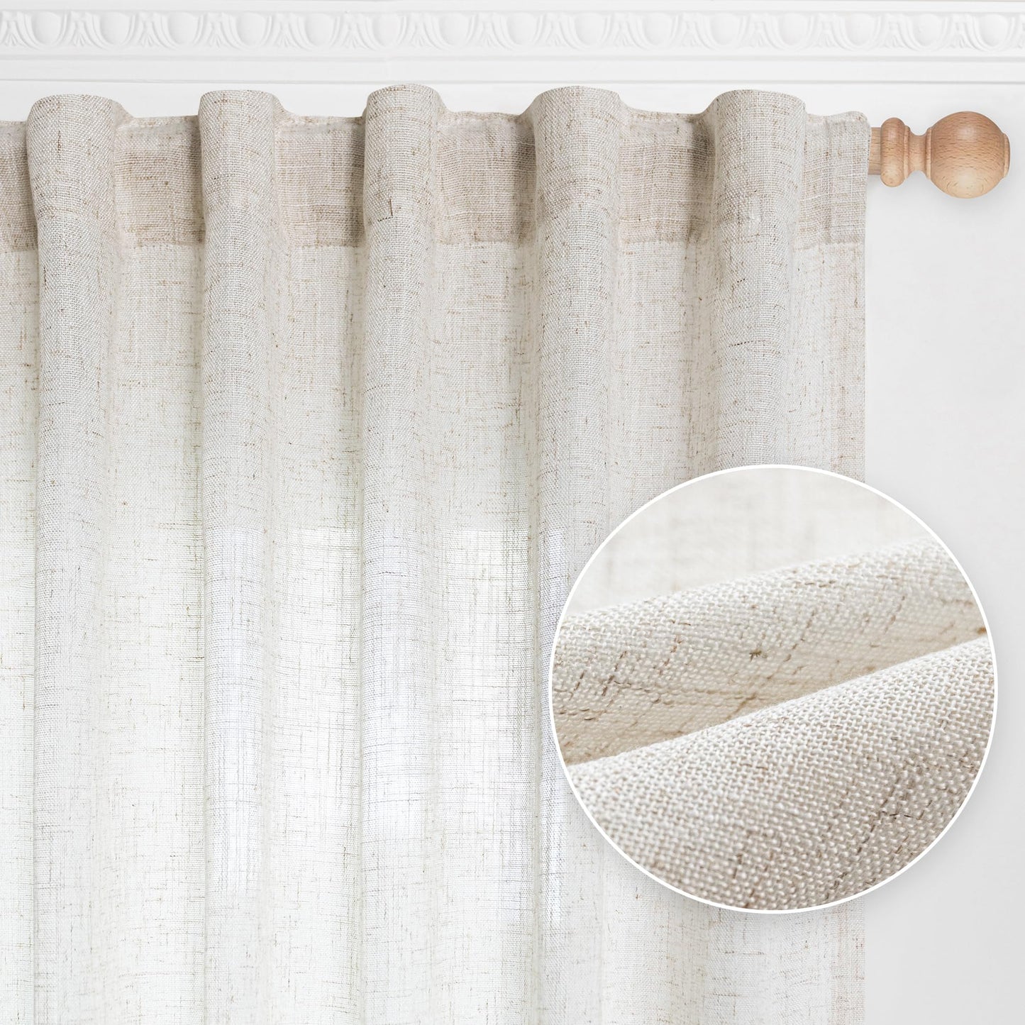 MYSKY HOME Country Curtains for Sliding Glass Door, Back Tab Semi Sheer Curtain Panels Extra Long Floor Length Drapes Linen Texture Soft Touch, 50x108 Inch, Linen, 2 Panels