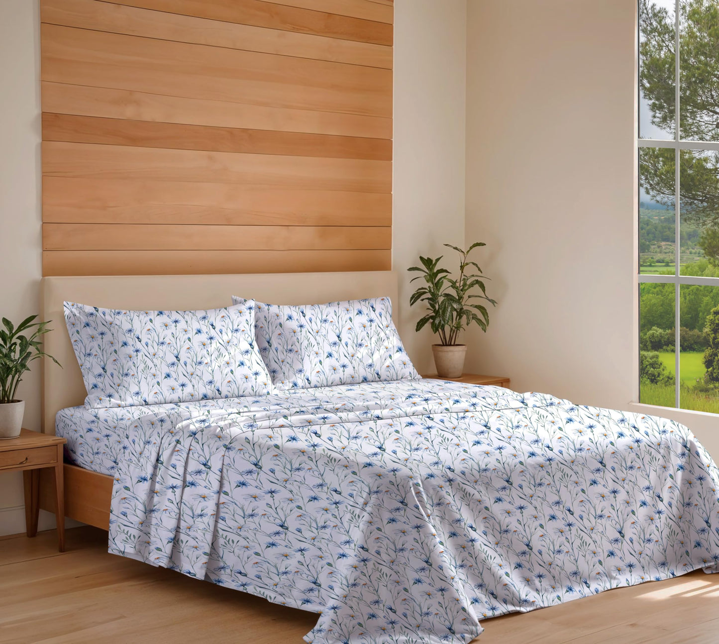 RUVANTI 100% Organic Cotton Sheets - Queen Sheet Set - 4 Piece Percale Weave Bedding, Crisp, Cooling & Breathable, Soft & Durable, 16" Deep Pocket, Hotel Quality Sábanas - Daisy Bud
