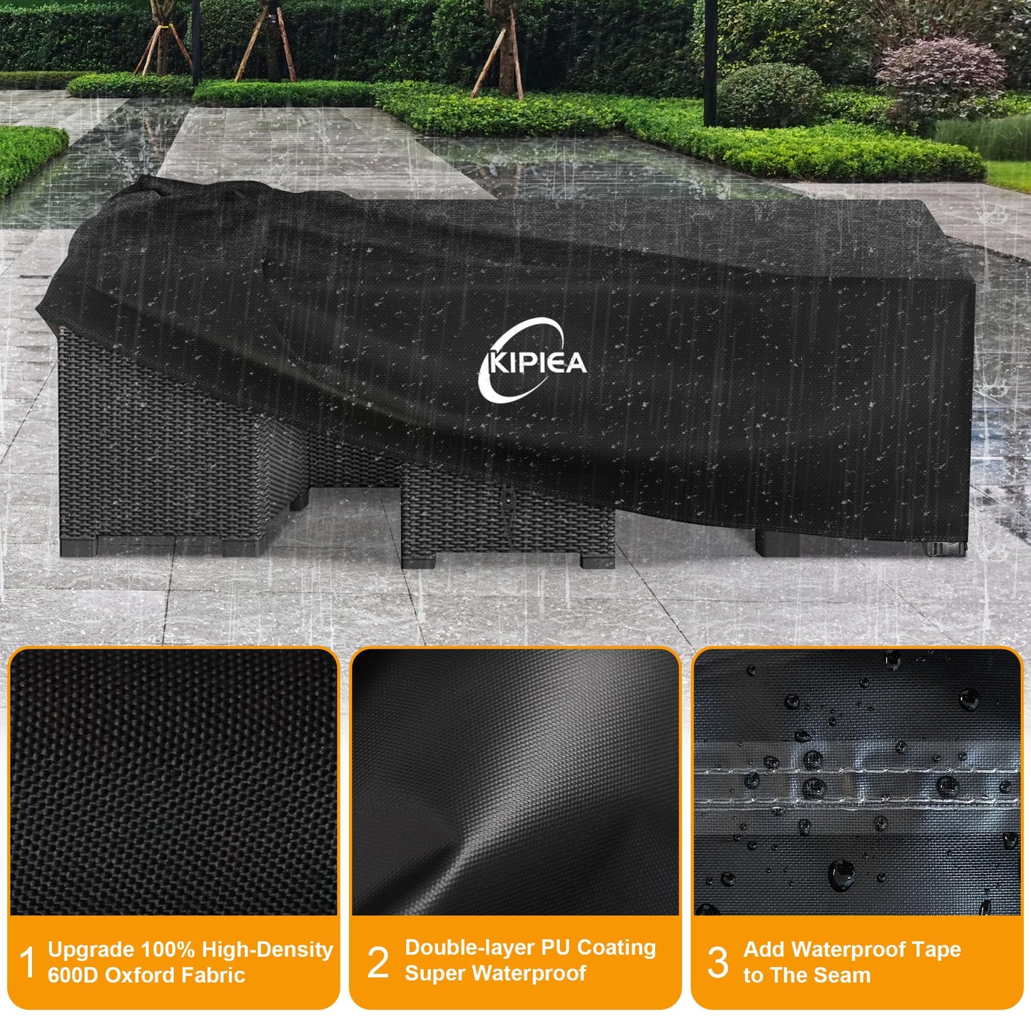 Kipiea 600D Patio Furniture Covers Waterproof Winter, Outdoor Furniture Set Covers for Table Chairs, Heavy-Duty Outdoor Sofa Covers with Anti UV and No Tears, No Fading (74" L x 47" W x 28" H)