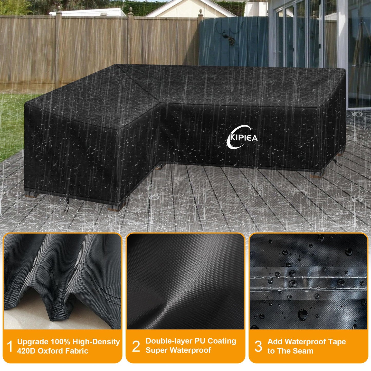 Kipiea Patio V-Shaped Sectional Sofa Cover, 420D Heavy-Duty Oxford Fabric Outdoor Sectional Cover with 6 Windproof Buckles, No Tears Anti UV No Fading (Right Facing, 85" x 85" L x 33.5" D x 31" H)